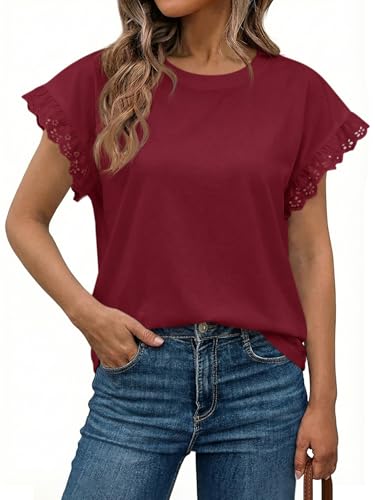 Image of Tankaneo Womens Summer Crewneck T-Shirts Lace Cap Sleeve Tops Dressy Casual Loose Fit Work Basic Tees Outfits 2026