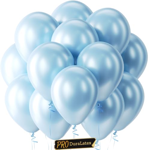 Image of Bezente Pro Duralatex Pearl Light Blue Balloons - 100 Pack 12 inch Extra-Thick Pearl Baby Pastel Blue Balloons for Graduation Birthday Gender Reveal Wedding Under The Sea Theme Party Decorations
