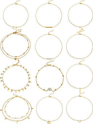 Hicarer 2 Pieces Gold Layered Choker Necklace Pendant Layering Adjustable Chain Necklaces Set for Women Girls (Multi-Style A)