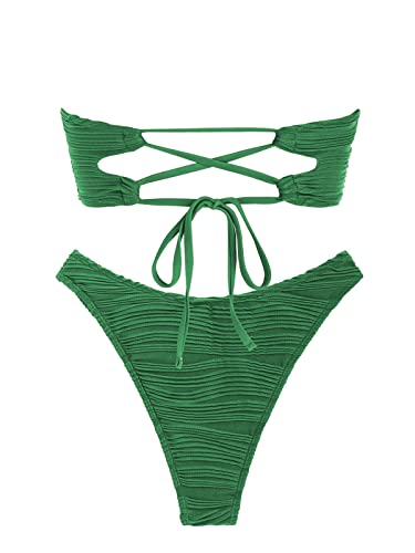 Image of ZAFUL Women Strapless Textured Bandeau Bikini 2 Piece Swimwear Cheeky Solid Lace up Bathing Suits