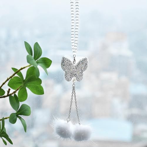 Image of Crystal Rhinestones Butterfly Car Hanging Ornament Shimmering Rearview Mirror Pendant with Fur Ball Car Charm Auto Interior Decoration Accessories, White