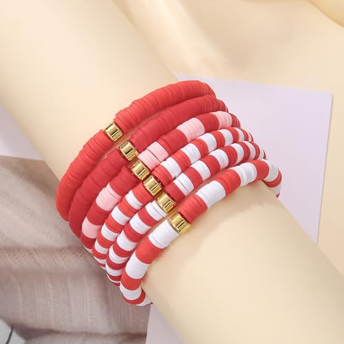COLORFUL BLING 6Pcs/Set Bohemia Heishi Clay Surfer Bead Stretch Bracelets Vinyl Disc Polymer Stackable Layering Bracelet Set Preppy Summer Beach Jewelry for Women2