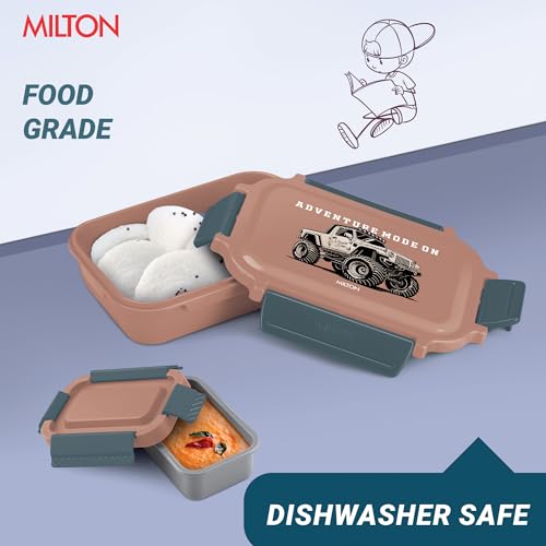 Image of MILTON Super Sherry Tiffin Lunch Box for Kids, 780 ml | Leak-Proof Inner Container with Clip Lock Lid | BPA Free, Food Grade | Compact & Durable Snack Box with Plastic Spoon & Fork | Brown