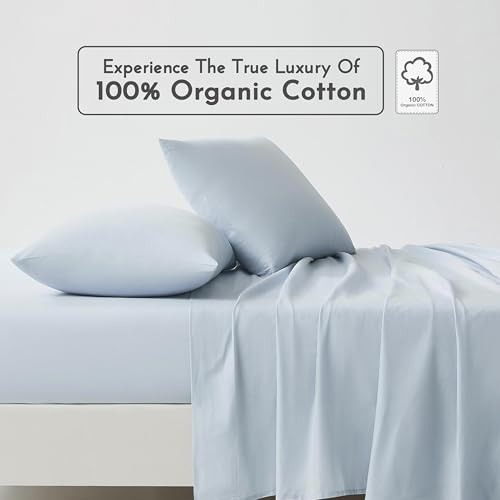 Image of Linen Closet 100% Organic Cotton Full Size Sheets Set, 4 Pcs, Light Blue - Percale Bed Sheets & Pillowcases Set - Up To 16 inch Deep Pocket Fitted Sheet - Cooling, Crisp & Breathable - For Hot Sleepers