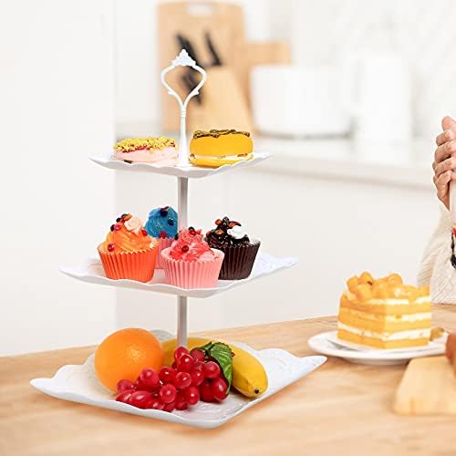 3 Tiers Cake Display Stand, White Afternoon Tea Stands, Plastic Square Cup Cake Fruit Dessert Party Server Plates Stands, Reusable Food Serving Platter Stand for Birthday, Wedding, Party