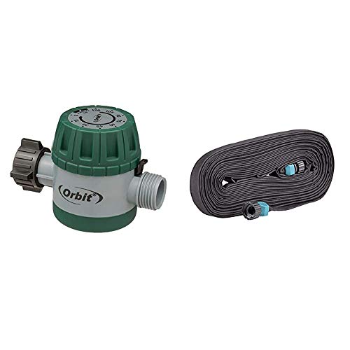 Orbit 62034 Mechanical Watering Hose Timer, Colors May Vary & Gilmour Flat Weeper Soaker Hose, 25 Feet, Black (870251-1001)