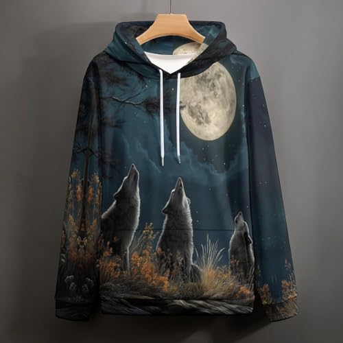 Pull à manches longues grande taille, sweat à capuche loup confortable