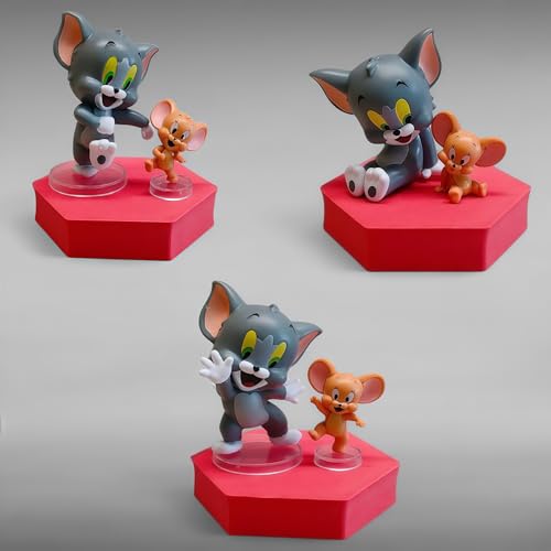 Image of Gifts - Tom & Jerry - Set of 6 Figures - Action Figure | Best Animated Most Loved Cartoon | 6.5cm | Cat & Mouse Partners | Cake Toppers | Room Garden | Red Base not Included
