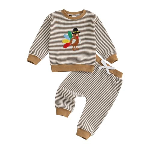 Karuedoo Toddler Baby Boy Girl Thanksgiving Outfit Turkey Embroidery Stripe Long Sleeve Waffle Knit Sweatshirt and Pants Set