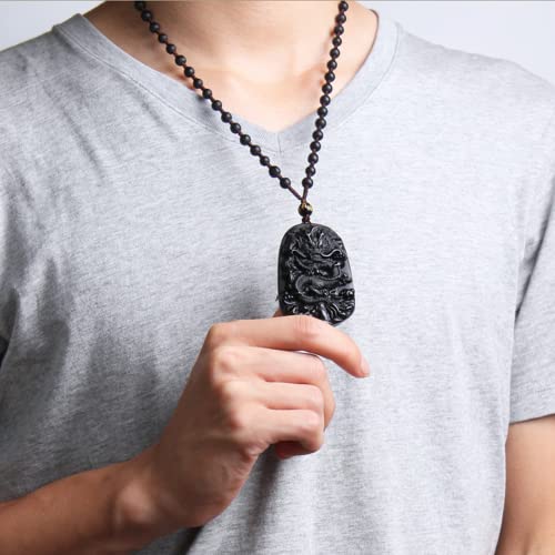 Collier obsidienne noire d'exception avec son amulette sculptée et perles