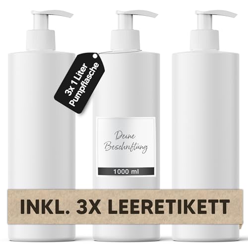 3X Seifenspender 1000 ml mit Dispenser-Pumpe (inkl. Etiketten) | Leerflasche für Seife Spüli Shampoo Lotionspender aus Kunststoff | Mehrweg Kunststoff Pumpspender für Flüssigkeiten & Cremes