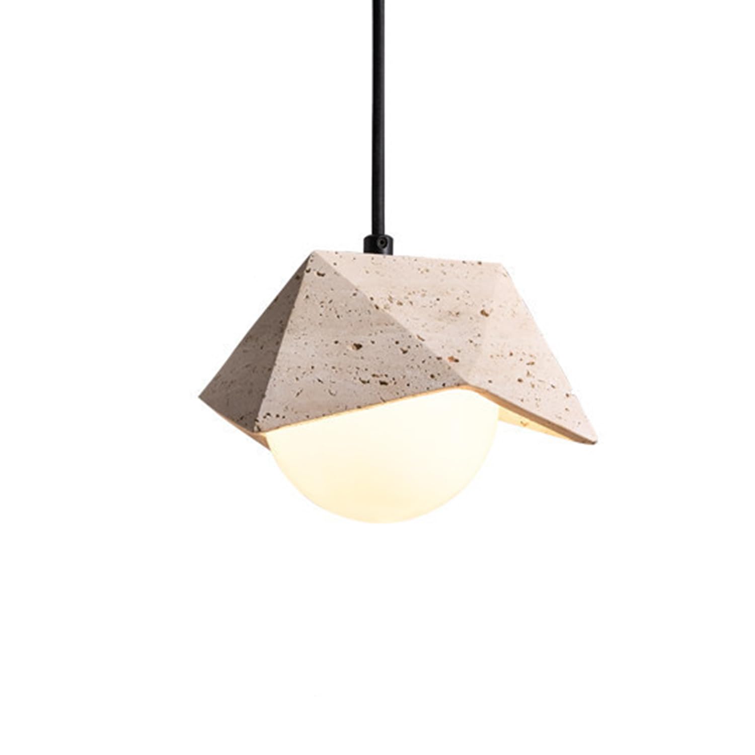 Mtnroo Multicolor Polygonal Travertine Hanging Light Fixture 7.0 In Pendant Lamp Natural Porous Travertine Stone G9 Socket Milky White Glass Shade Wabi-Sabi Style Industrial For Bedroom Restaurants Indoor