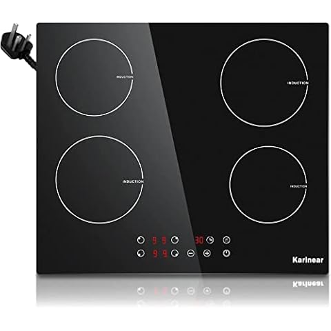 Karinear Plug in Induction Hob, 4 Zones Electric Hob 60cm, with Touch Control & Child Safety Lock, Black Crystal Glass Cover