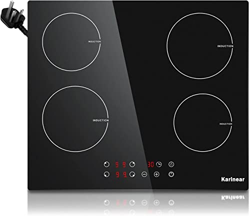 Karinear Plug in Induction Hob, 4 Zones Electric Hob 60cm, with Touch Control 9 Power Level & Child Safety Lock, Timer, Black Crystal Glass