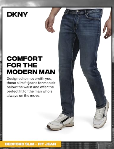 Image of DKNY Bedford Slim Fit Jeans for Men - Tapered Leg Stretch Denim Pants, Classic 5-Pocket Styling | Mens Slim Fit Jeans