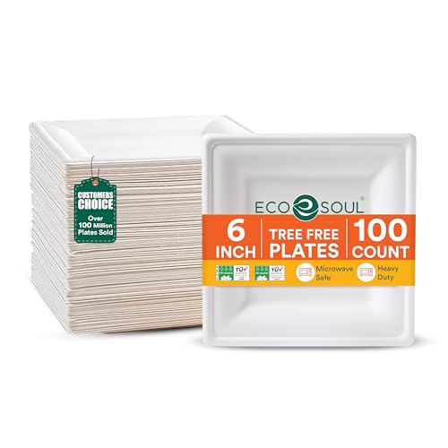 ECO SOUL Pearl White Square 6 (15cm) Bagasse Pappteller (100 Stück) Einweggeschirr und 100% Kompostierbares Umweltfreundlich Partygeschirr Robust Campinggeschirr Mikrowellen- und Ofenfest