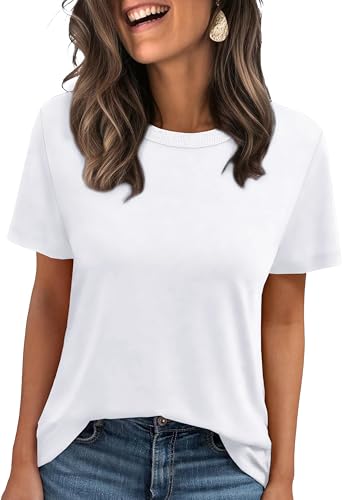White Shirt Womens Vacation Outfits Fashion Clothing Blouses for Women Dressy Casual Short Sleeve Crewneck Shirts Cruise School Outfits for Teachers Womens Summer Tops Basic Tees Spring Break L