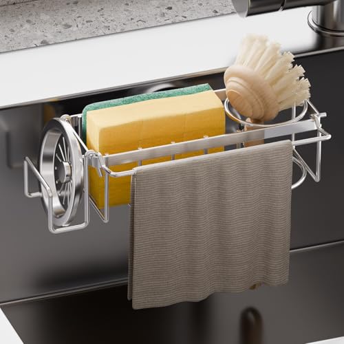 Image of TAILI 4-in-1 Sponge Holder for Kitchen Sink with Strong Suction Cup-Silver | Removable Rustproof 304 Stainless Steel Multi-compartment Sponge Holder with Suction Cup, Keeps Brushes & Scrubbers Tidy