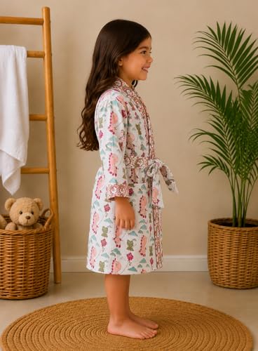 Image of Hand Block Print Waffle Cotton Fabric Kid's Bathrobes loungewear lightweight Traditional Handblock Printed Bathrobe For Boy & Girls (Suitable for kids aged 9 to 12 years old)