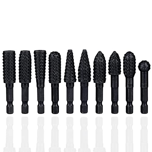 Eyech 10Pcs Rotary Burr Rasp Set Wood Carving File Rasp Drill Bits 1/4'' Hex Shank Rotary Rasp File Set Fit for DIY Woodworking Wood Plastic Carving Polishing Grinding Engraving