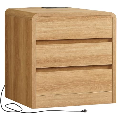 Image of TEENFON Night Stand, NightStand with 3 Storage Drawer and Charging Station, Bedside Table, Modern End Tables Wide Night Stands for Bedroom Sofa Couch Home Office, Natural