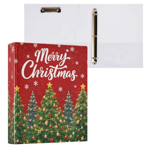 Image of Christmas Tree Red Snuwflakes 3 Ring Binder with 2 Interior Pockets 1.5 inch Binders 3 Ring Heavy Duty Fit 8.5 inch x 11 inch Letter Size for Office School, 2 Pack