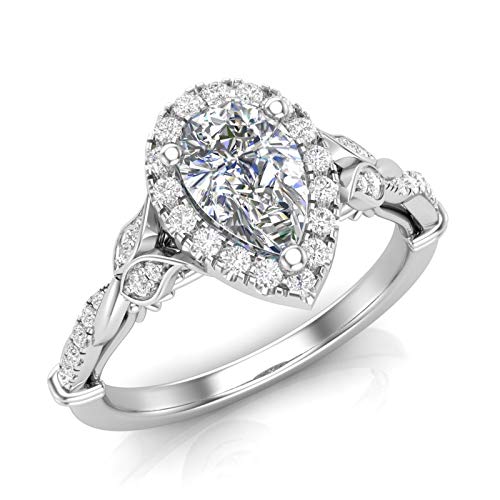 14K White Gold Pear Shape Halo Ring Floral Band Twist Shank Infinity Ring Twisted Engagement Ring Vintage Filigree Engagement Ring Art Deco Ring Forever One Colorless Moissanite Center Ring For Her