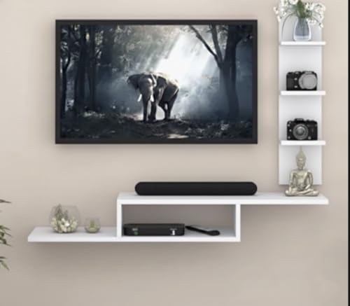 Image of Bros Moon Wall Mounted TV Cabinet, L-Shape, Modern Style, Laminated Finish, for Living Room, Suits TV up to 55 Inches (Frosty White, Dual L 48 Inches Broad Base)