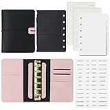 Koqye A7 Leather Binder 6-Ring with Zipper Pocket, Include Dividers & Refills Stickers, Black Refillable Planner Cover with Pockets (Black & Pink)
