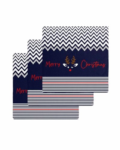 Hokiten Christmas Waffle Kitchen Towels Dishcloths, Xmas Navy Blue Striped Farmhouse Absorbent Dish Towels | Hand Towels for Bathroom/Bar, 12 x 12 Inch, 3 Pcs