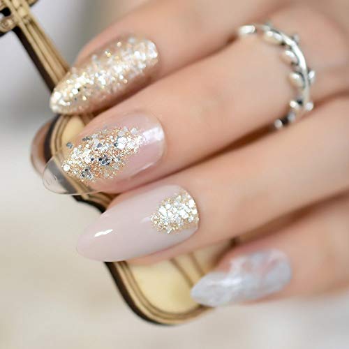 EchiQ Spitzer Stiletto Kunstnägel, Nude Grau Marmor Wolke Fake Nails Clear Shimmer Glitter Drücken auf Full Summer Daily… – Bild 5