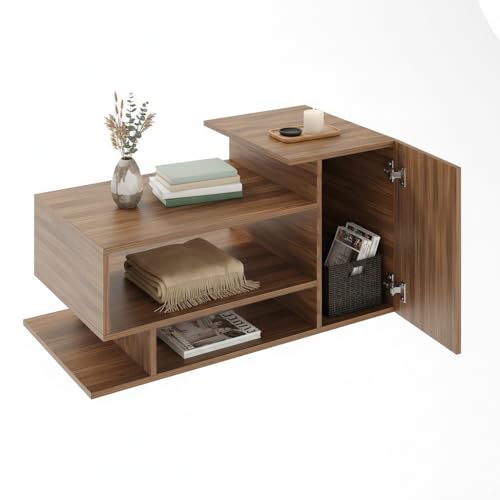 Image of FURNEASER Modern Engineered Wood Coffee Table with Storage Shelves | Center Table for Living Room & Sofa Area | Multi Level Open Rack Design | DIY Furniture (Exotic Teak)