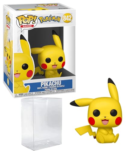 PKM Pikachu #842 (Sitting) Funko POP! Games Figurine Bundle with HOFSM Protector Case
