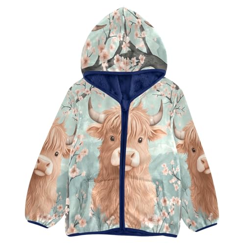 Highland Cow Cherry Blossom Toddler Fleece Jacket Girl Boys Hooded Fleece Jacket Coat Warm Outwear Zip-up 3-10T