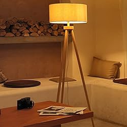 Lamparas Para Salon Estilo Nordico Aigostar Lámpara de Pie Salón Vintage de Madera Trípode, Lampara de Pie con Pantalla de Lino e Interruptor de Pie, Compatible con Bombillas E27, Madera Maciza, Estilo Nórdico