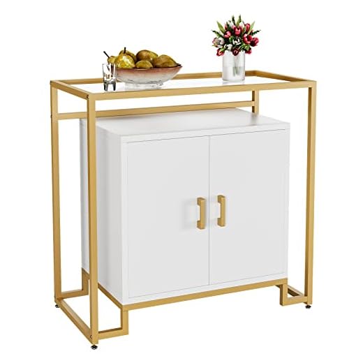 Senfot Sideboard Buffet Cabinet, Kitchen Storage Cabinet with Ample Storage Space & Steel Frame and Tempered Glass Top for Bedroom, Living Room, Kitchen, Office or Hallway, (White Gold)