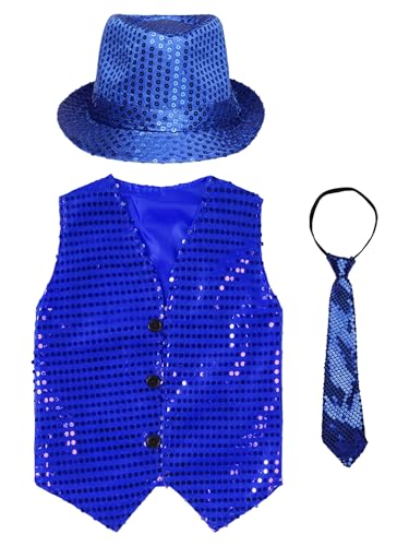 CHICTRY Kids Boys Shiny Sequin Vest Top Jacket Waistcoat & Hat & Necktie Hip Hop Jazz Dancewear3