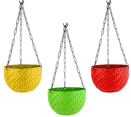 Image of Bianco Multicolor Round Rattan Woven Plastic Flower Hanging Planter /Beautiful Round Gamla Pot /Flower Hanging Pot (Pack of 3)