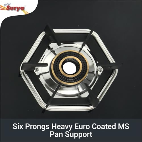 Image of GOLDEN SURYA Premium FlameX 3 Burners Manual Ignition Gas Stove (ISI Certified) 18 Months Warranty, Heavy Tornado Brass Burner, Thick Toughened Glass Top, LPG Compatible Cooktop