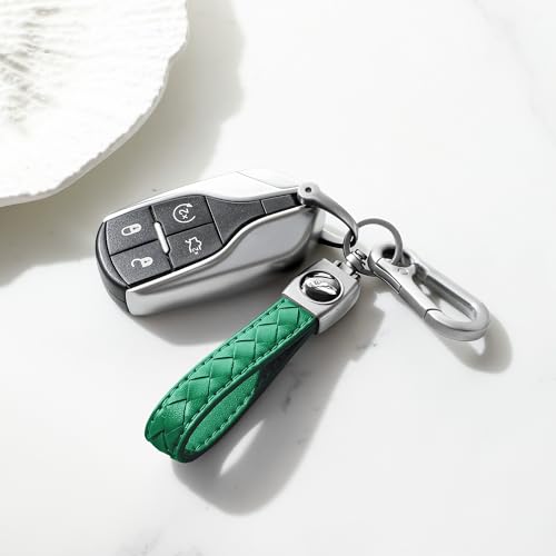 Image of Gkeygo Carabiner Keychain, Universal Heavy Duty Woven Handmade Leather Key Chain, Car Fob Key Keychains with 360 Degree Rotatable Snap Swivel and Anti-Lost D-Ring for Men and Women, Silver - Green