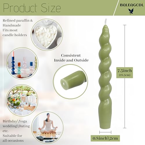Image of DRIPLESS Unscented Twisted Taper Candles Handmade Candlestick Grass Green Spiral Taper Candles 7.5 Inch Decorative Candle Smokeless for Party Gifts 2 PCS