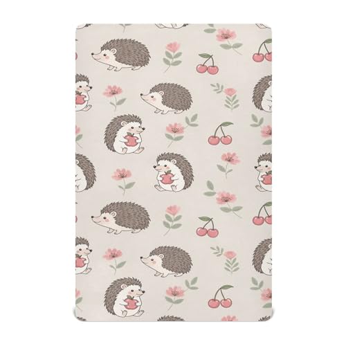 Image of Hedgehog Flowers Cherry Beige Fitted Crib Sheet for Boys Girls Baby Toddler Bed Sheets for Toddler Mattresses,52 X 28 in