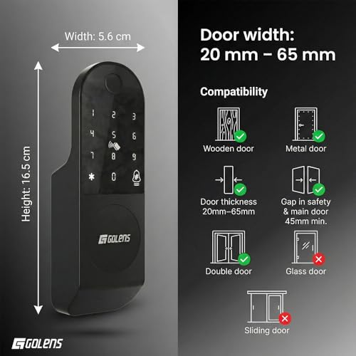 Golens X32 Digital Rim Lock for Wooden & Metal Doors | Waterproof Design | 20–60mm Thickness | 6-in-1 Unlock – Fingerprint, PIN, RFID, App, OTP & Manual Key | Remote Unlock via OTP