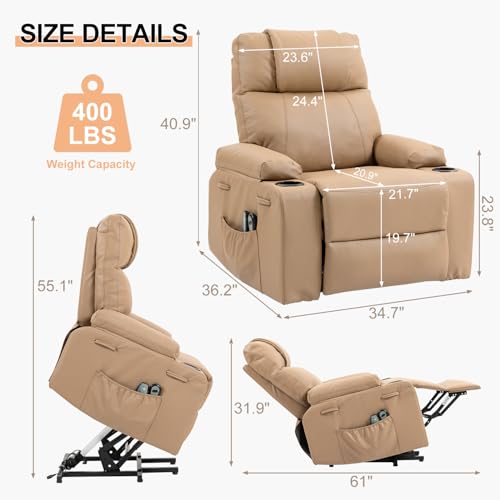 Image of Power Lift Recliner Chair for Elderly, Electric Stand Assist Reclining Chair with Massage and Heat Function, Leather Living Room Furniture, Comfy Single Sofa with Cup Holders, Side Pockets, Brown