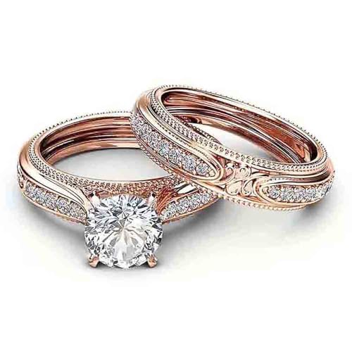 Conjunto de anéis femininos nobres ouro rosa zircônia cúbica acessórios de dedo para cerimônia de casamento, 8, Latão, Zircônia cúbica