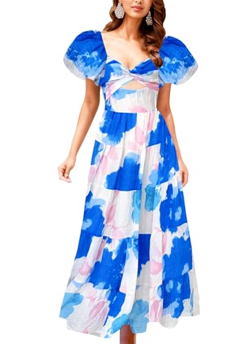 Image of GOLDSTITCH Women's 2026 Boho Floral Maxi Dress Puffy Short Sleeve Cutout V Neck Casual Long Beach Dress