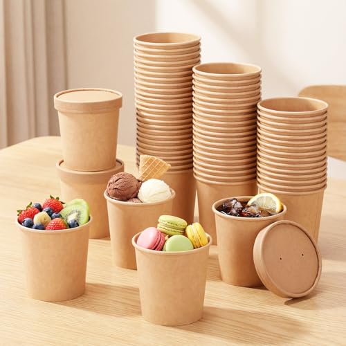 Image of Fulmoon 16 oz 100 Pack Paper Containers with Lids Soup Bowl Cup, Brown | Disposable Ice Cream Cup, Kraft Food Containers with Vented Lid Stackable for Hot Soup Dessert Cake Fruit Microwave Takeout