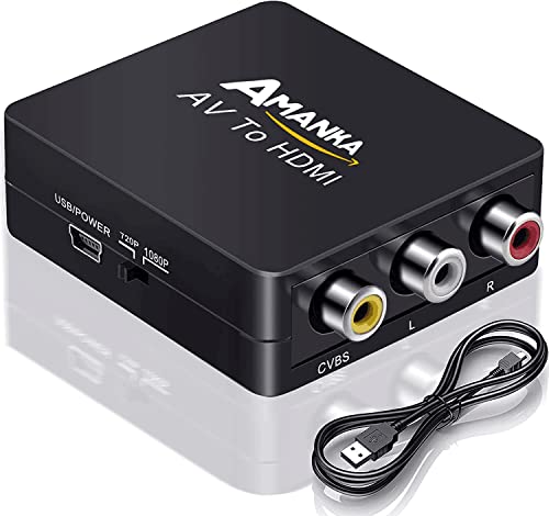 AMANKA Mini Conversor AV a HDMI Convertidor Compuesto RCA CVBS Transformar Señal Audio y Vídeo Adaptador Soporte PAL / NTSC Interruptor, Full HD 3D 1080P, Negro Cover
