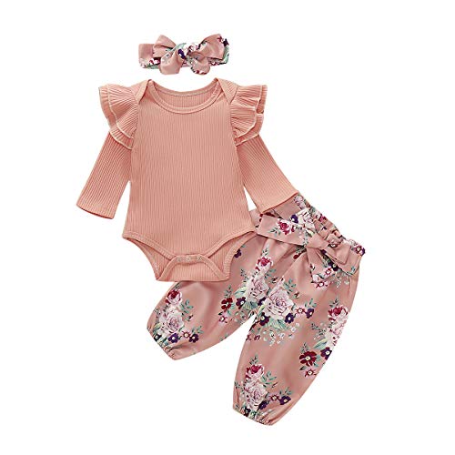Newborn Baby Girl Clothes Long Sleeve Bodysuit Ruffle Romper Tops Floral Pants Bowknot Headband 3pcs Toddler Outfits Set (Prink-2, 12-24 Months)