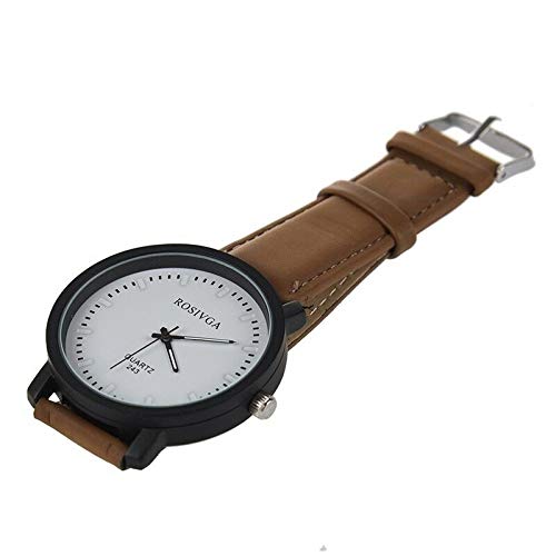 ELECTROPRIME 1X(ROSIVGA Unisex Dull Polish Faux Leather Band Wrist Watch Coffee Strap&Wh L6F0